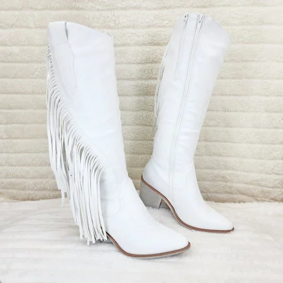 Wild One White Fringe Cowboy Cowgirl Boots Plus Plus size Friendly - Picture 2 of 13